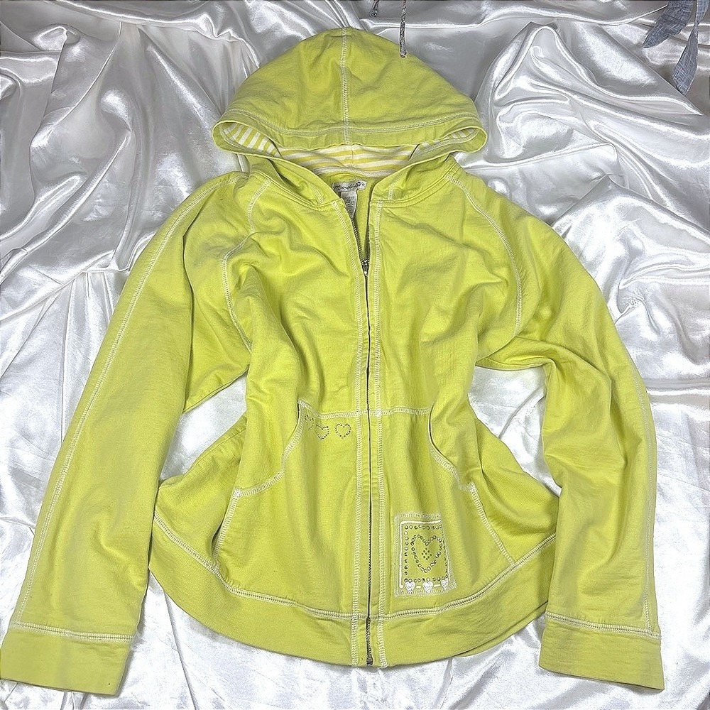 y2k Zip Up Hoodie Lime Green Excellent Rhinestone Heart Mureli Cotton Sweatshirt
